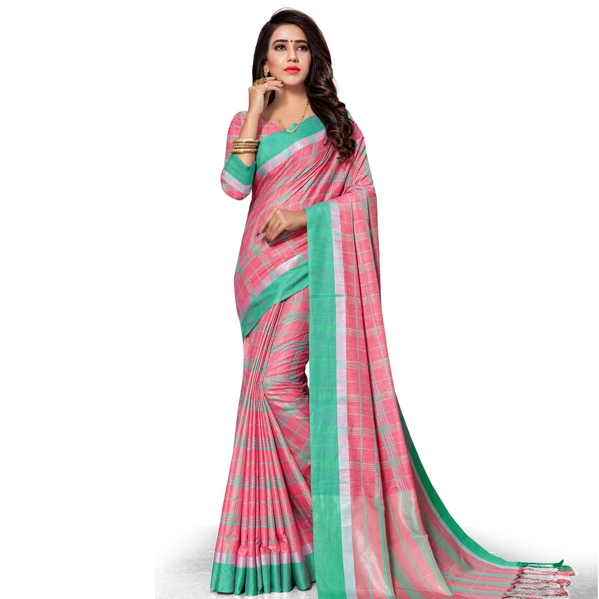 Engrossing Pink Colored Fesive Wear Stripe Print Cotton Silk Saree With Tassels