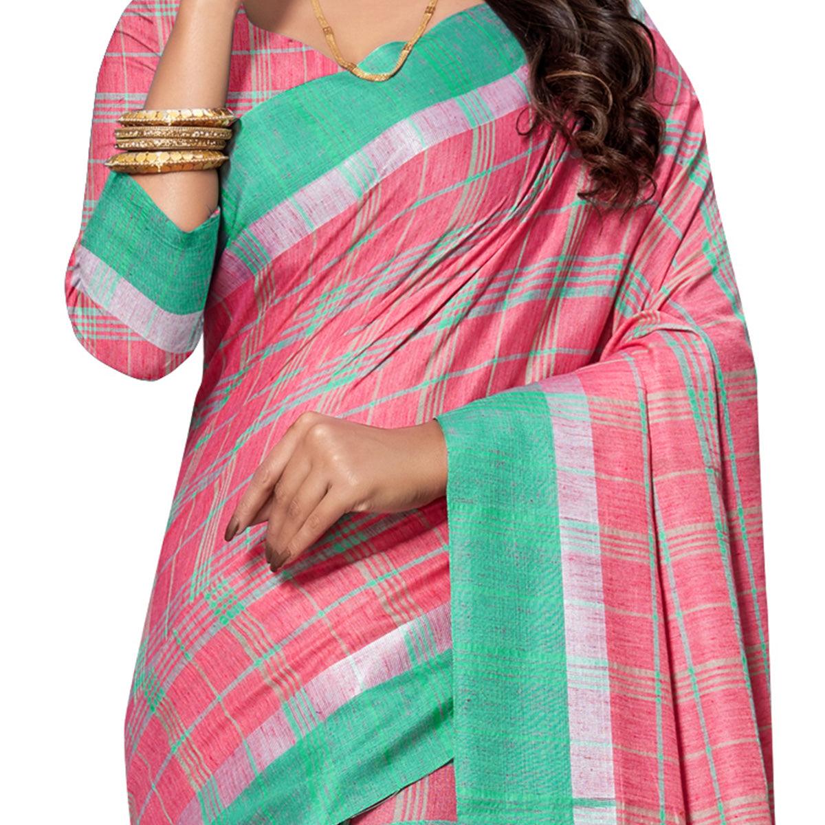 Engrossing Pink Colored Fesive Wear Stripe Print Cotton Silk Saree With Tassels