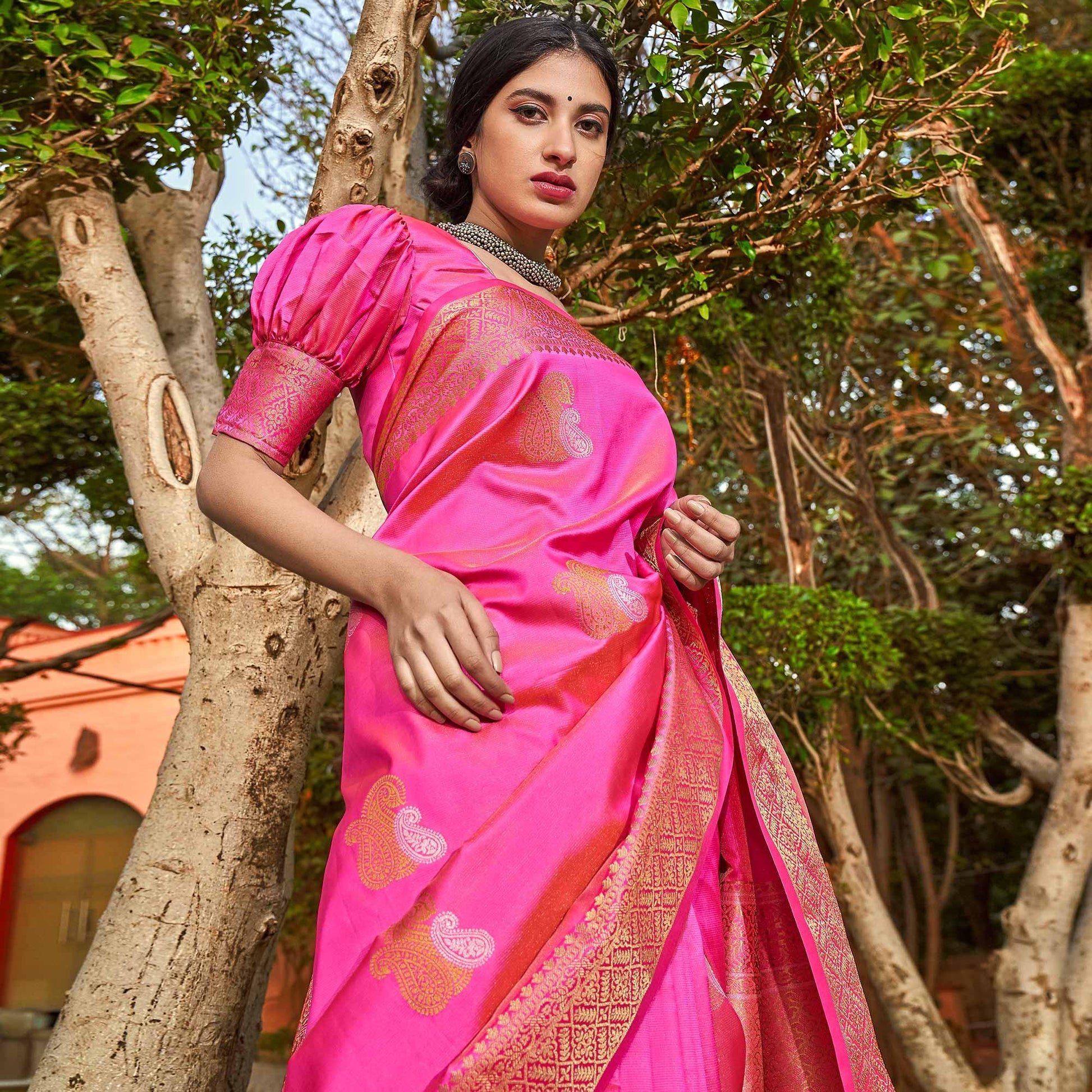 Engrossing Pink Colored Festive Wear Woven Soft Silk Saree