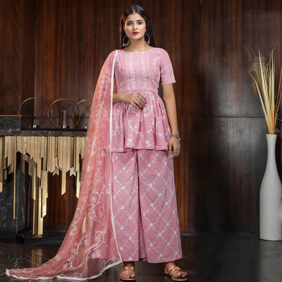 Engrossing Pink Colored Partywear Embroidered Gerogette Palazzo Suit