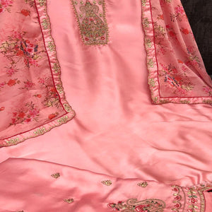 Engrossing Pink Colored Partywear Embroidered Muslin Satin Gharara Suit With Palazzo