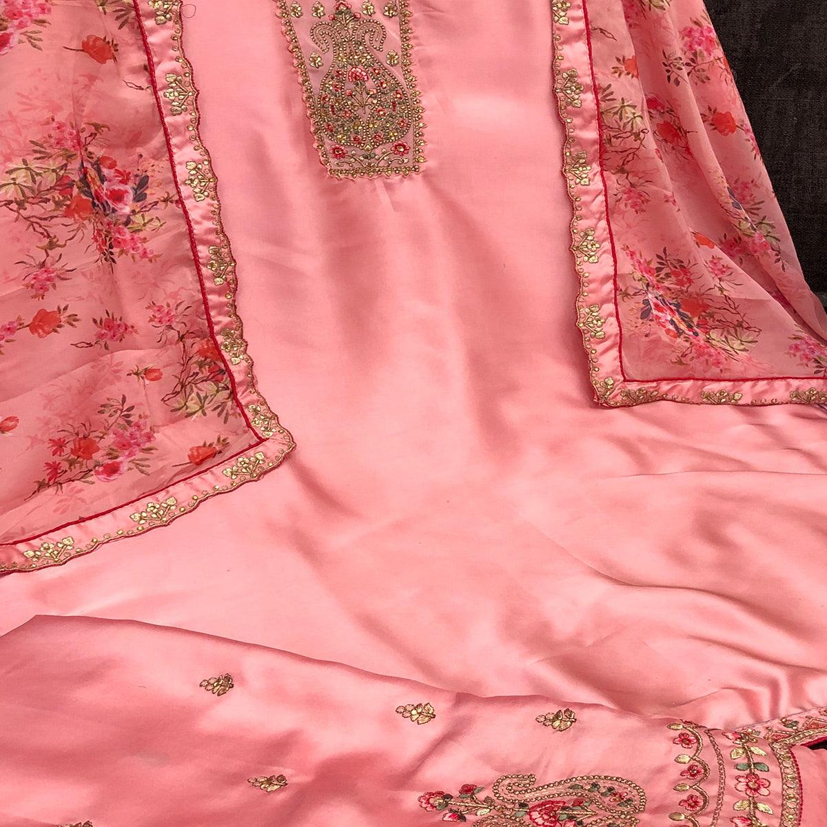 Engrossing Pink Colored Partywear Embroidered Muslin Satin Gharara Suit With Palazzo