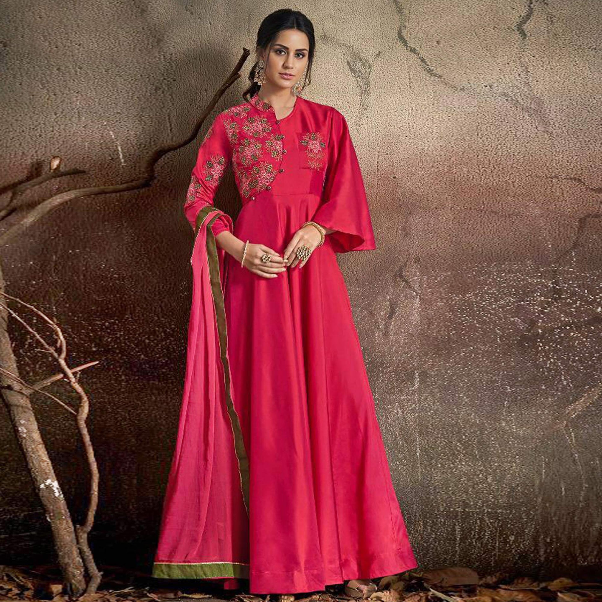 Engrossing Pink Colored Partywear Embroidered Tapeta Silk Gown