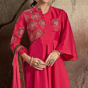 Engrossing Pink Colored Partywear Embroidered Tapeta Silk Gown