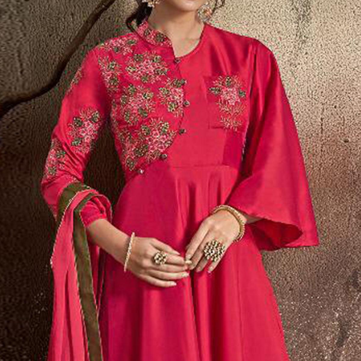 Engrossing Pink Colored Partywear Embroidered Tapeta Silk Gown