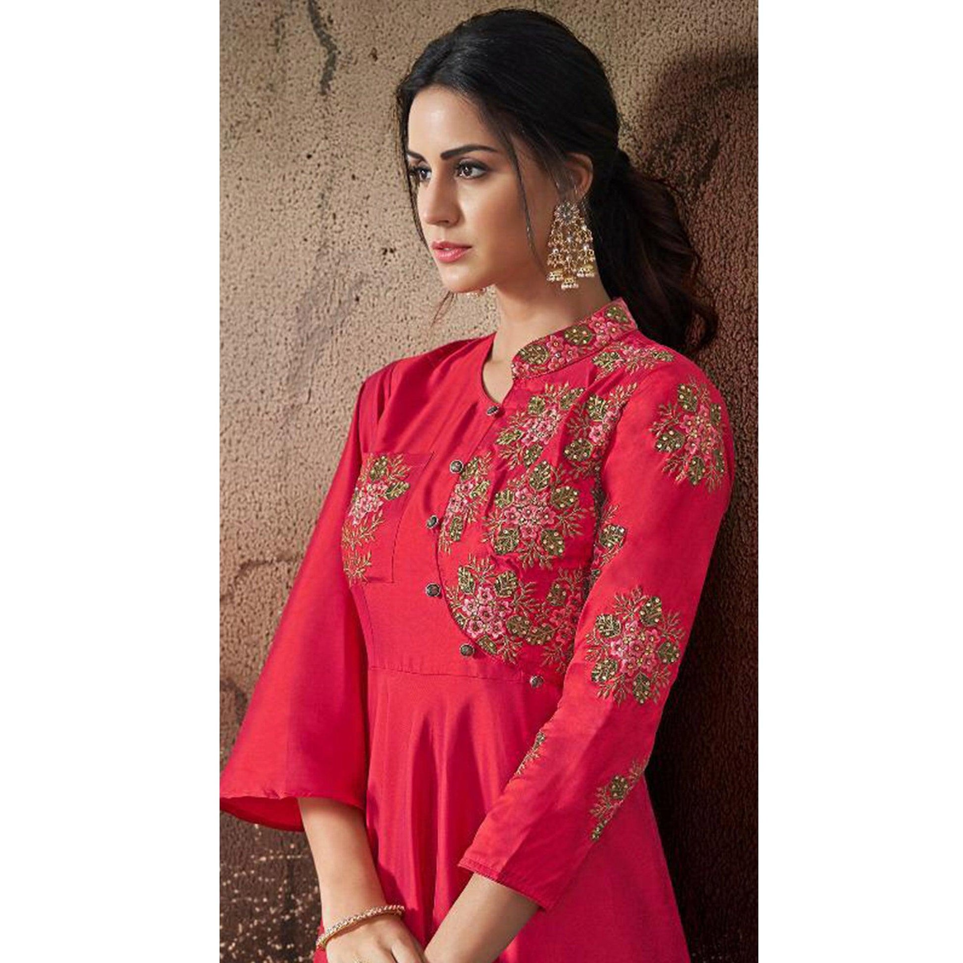 Engrossing Pink Colored Partywear Embroidered Tapeta Silk Gown