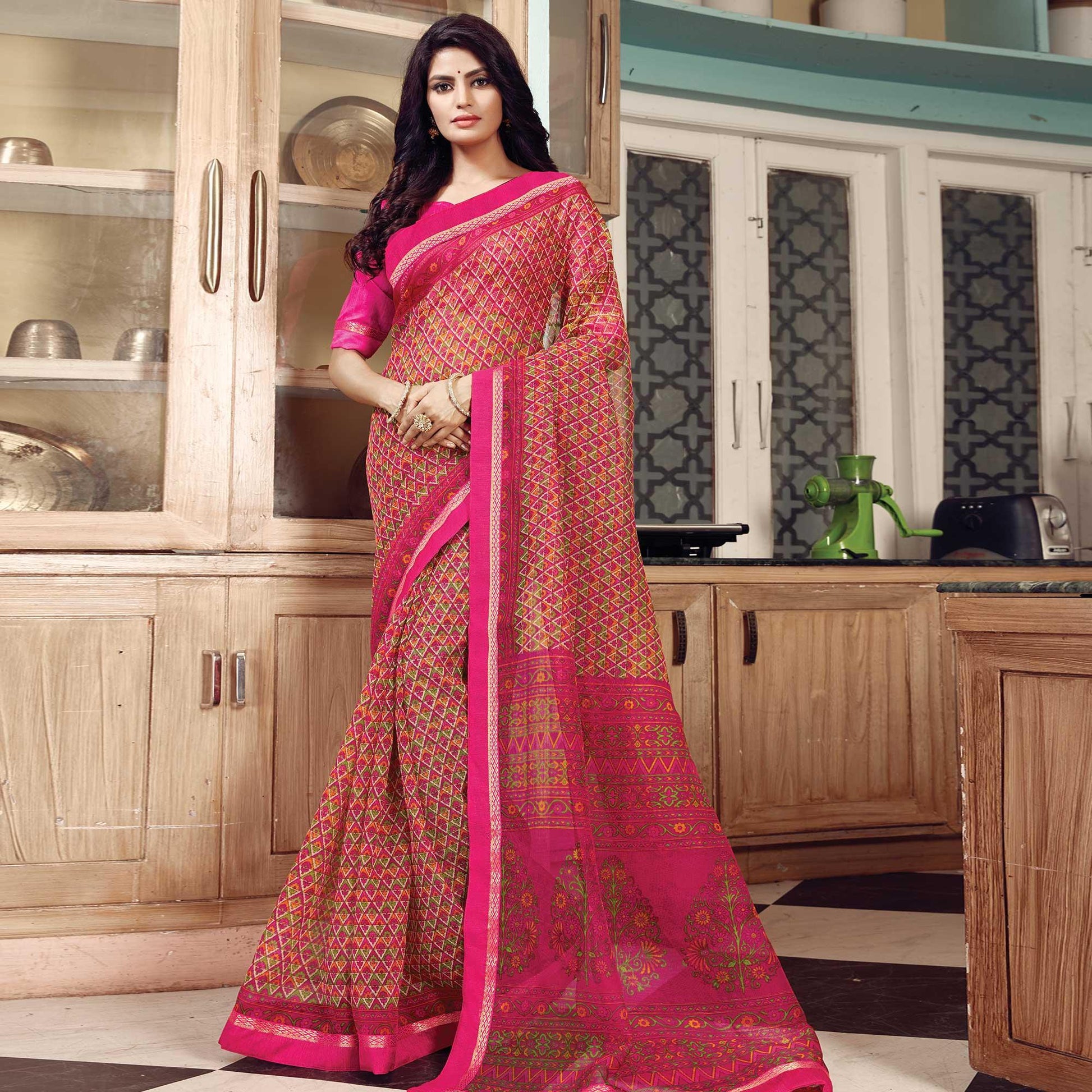 Engrossing Pink Colored Partywear Printed Silk Saree