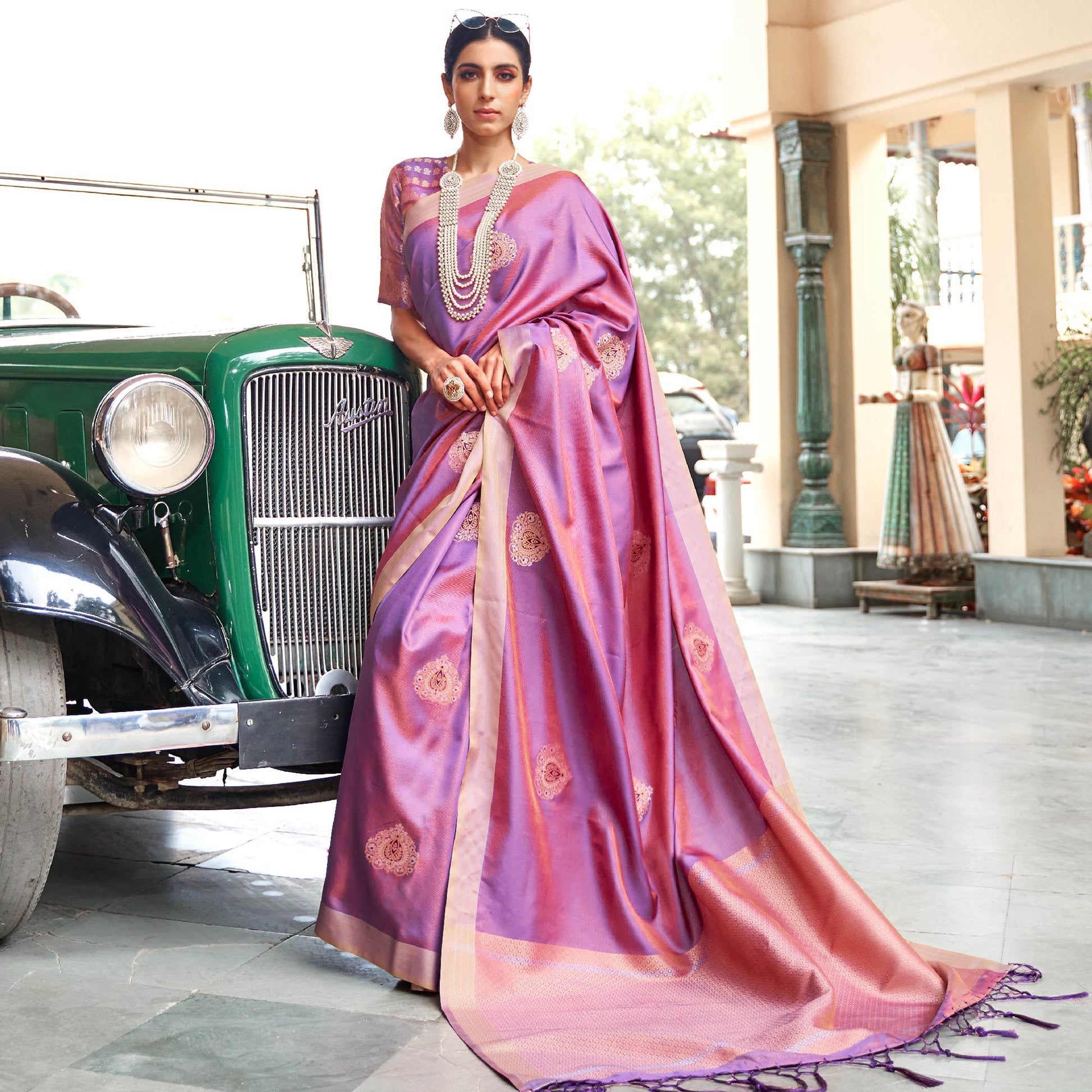 Engrossing Purple Colored Zari Work Festive Wear Banarasi Silk Saree