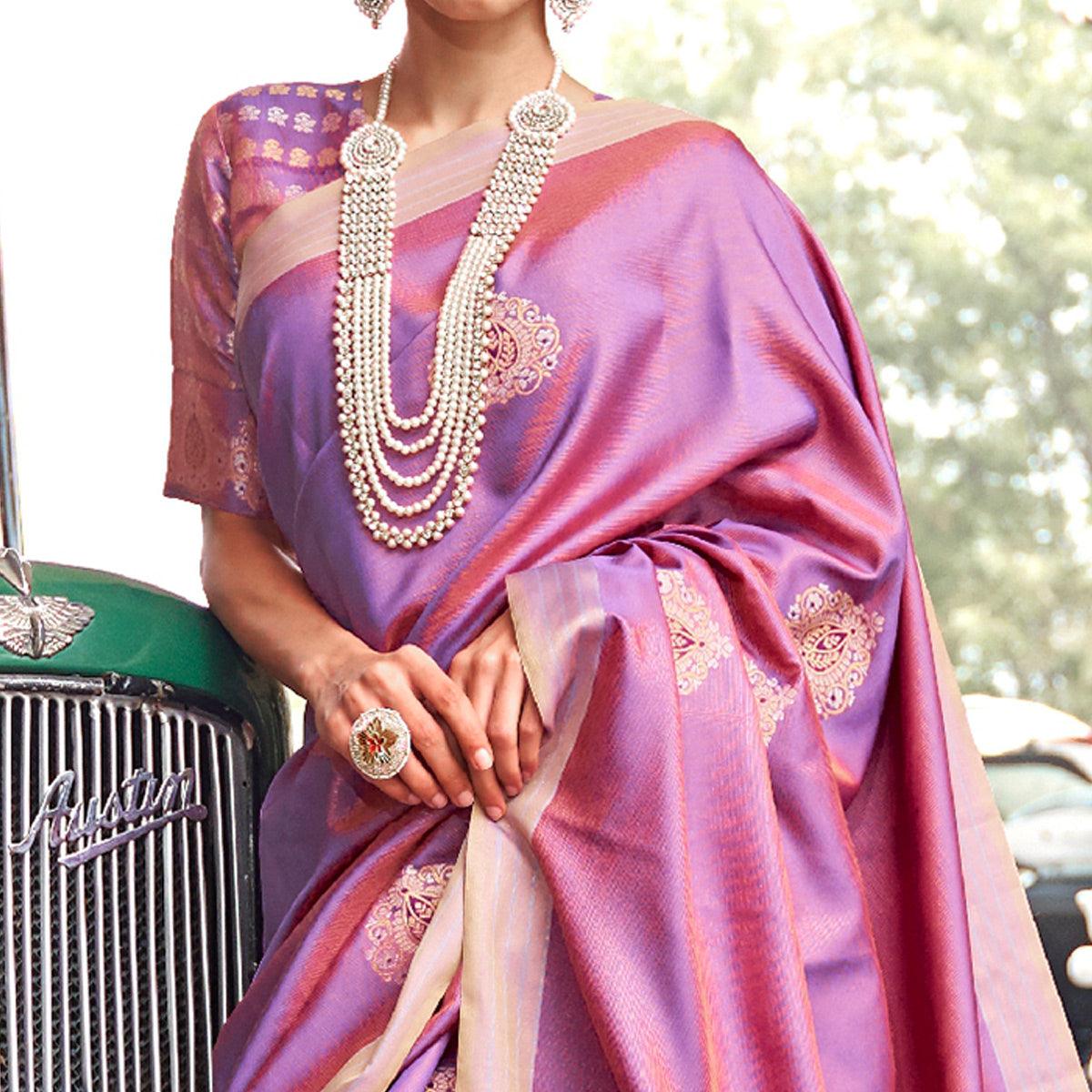 Engrossing Purple Colored Zari Work Festive Wear Banarasi Silk Saree