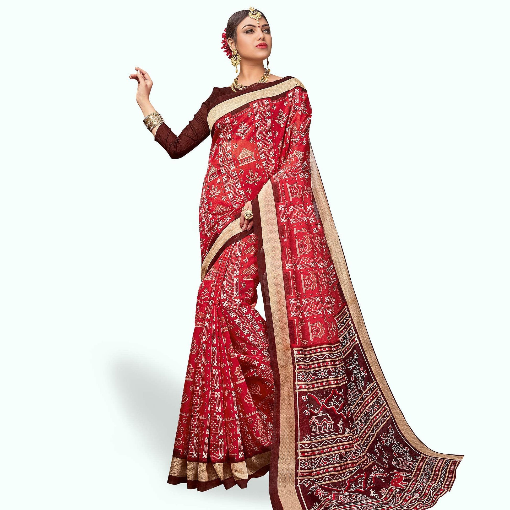 Engrossing Red Colored Casual Wear Printed Art Silk Saree