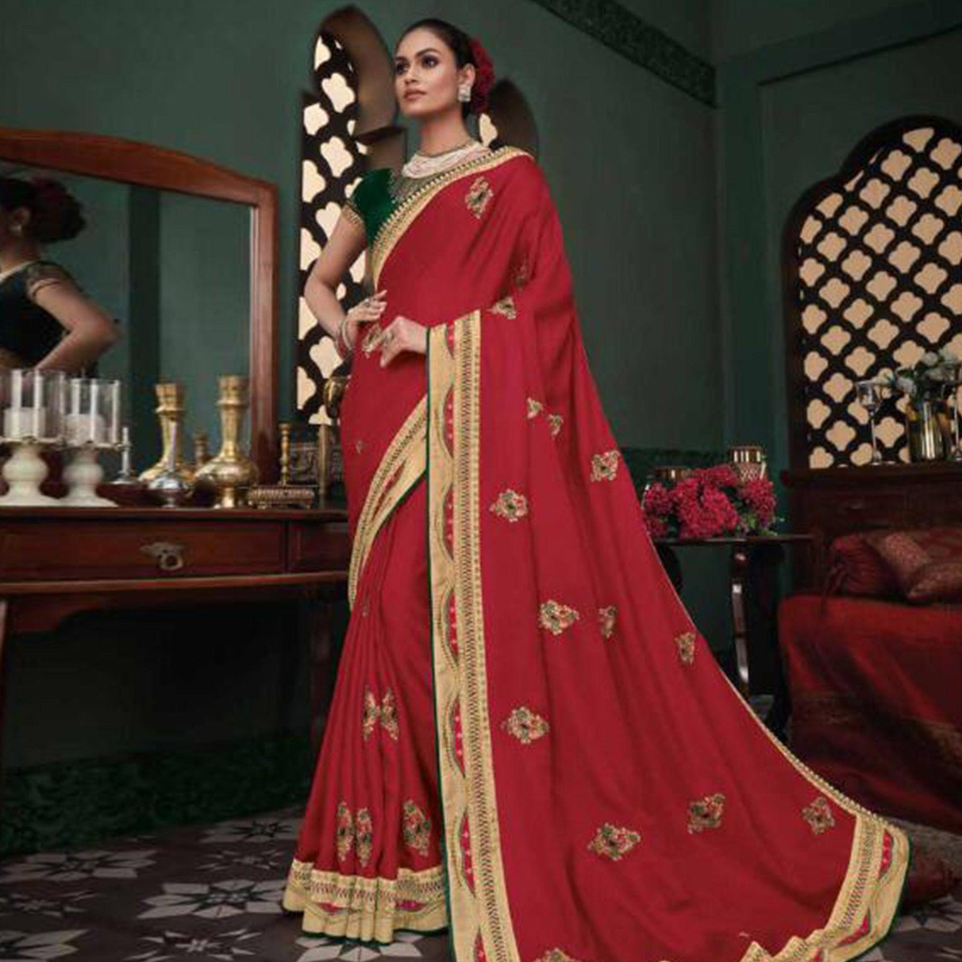 Engrossing Red Colored Festive Wear Embroidered Heavy Border Silk Saree
