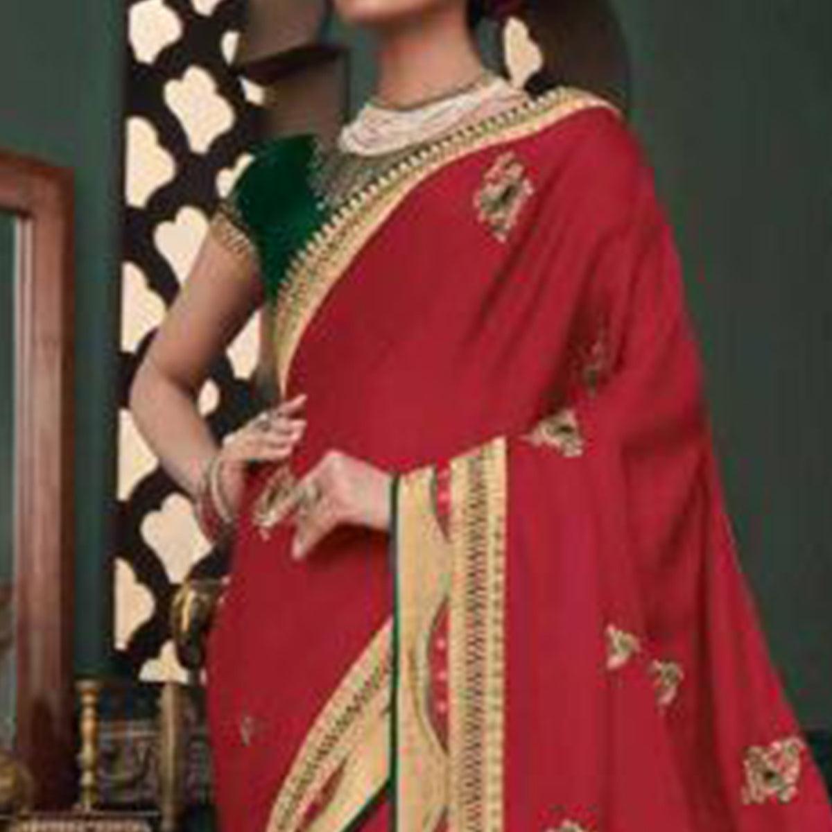 Engrossing Red Colored Festive Wear Embroidered Heavy Border Silk Saree