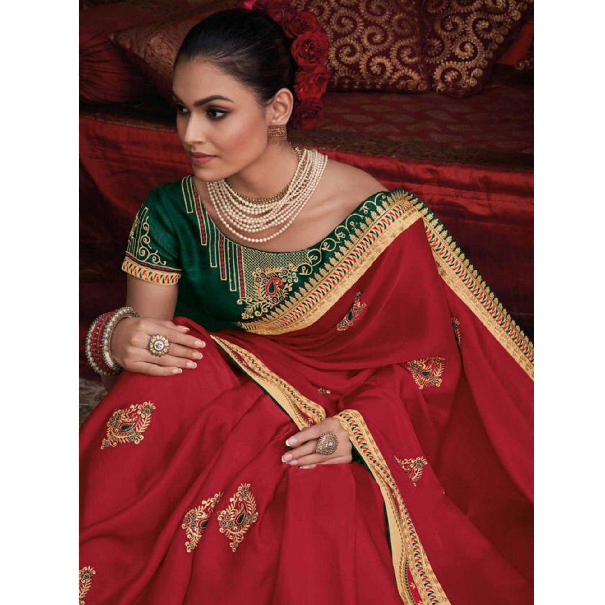 Engrossing Red Colored Festive Wear Embroidered Heavy Border Silk Saree