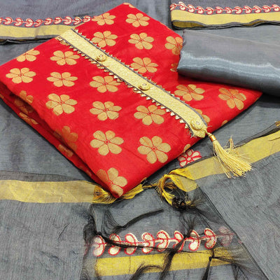 Engrossing Red Colored Festive Wear Woven Banarasi Silk Dress Material