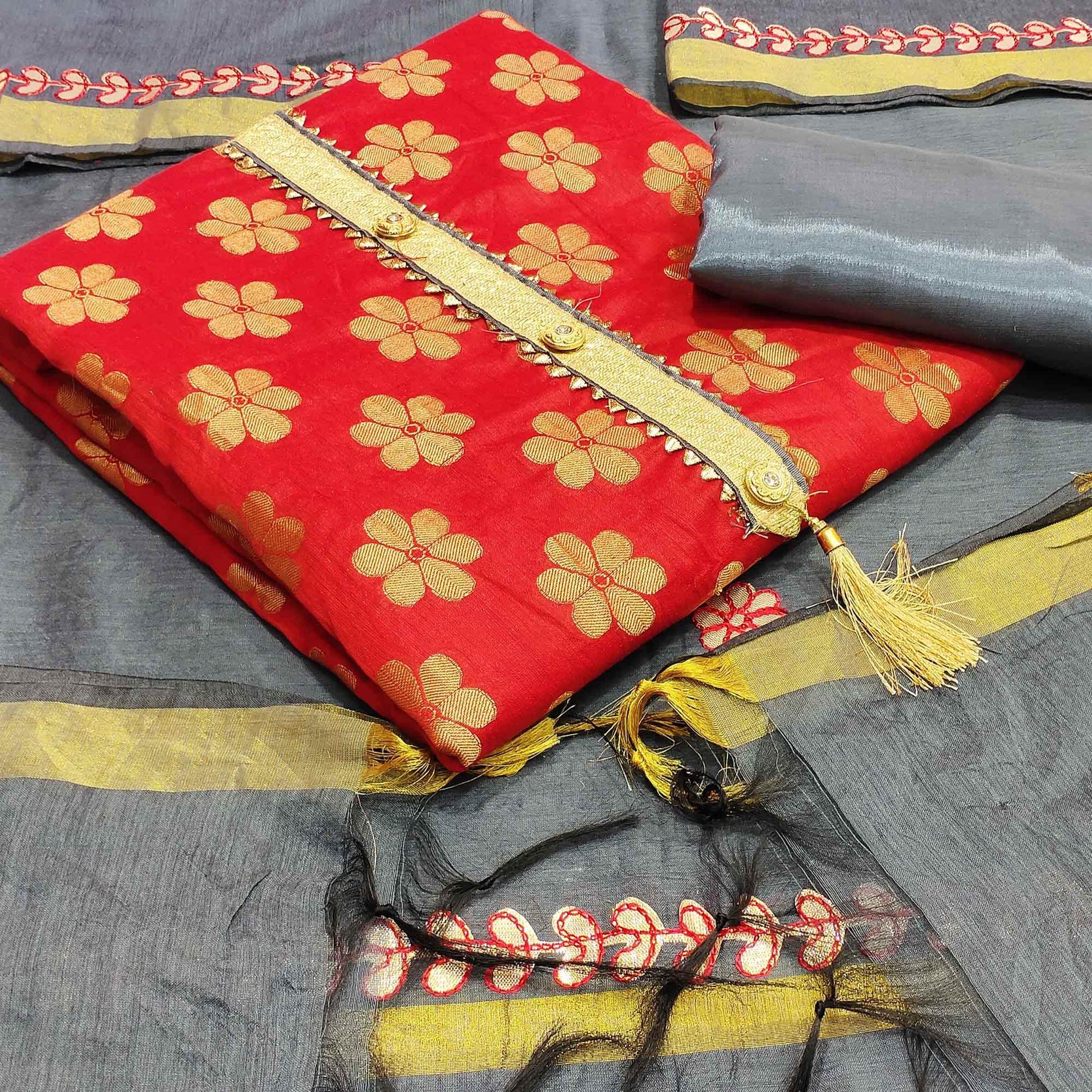 Engrossing Red Colored Festive Wear Woven Banarasi Silk Dress Material