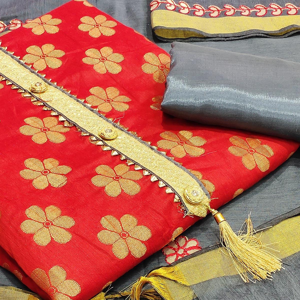 Engrossing Red Colored Festive Wear Woven Banarasi Silk Dress Material