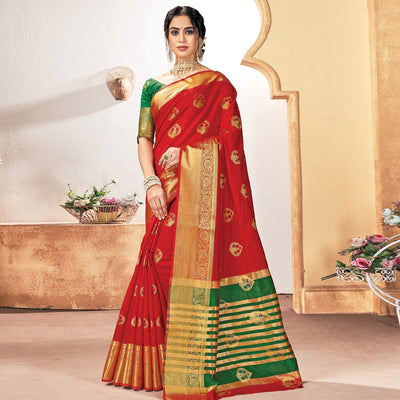 Engrossing Red Colored Festive Wear Woven Silk Saree