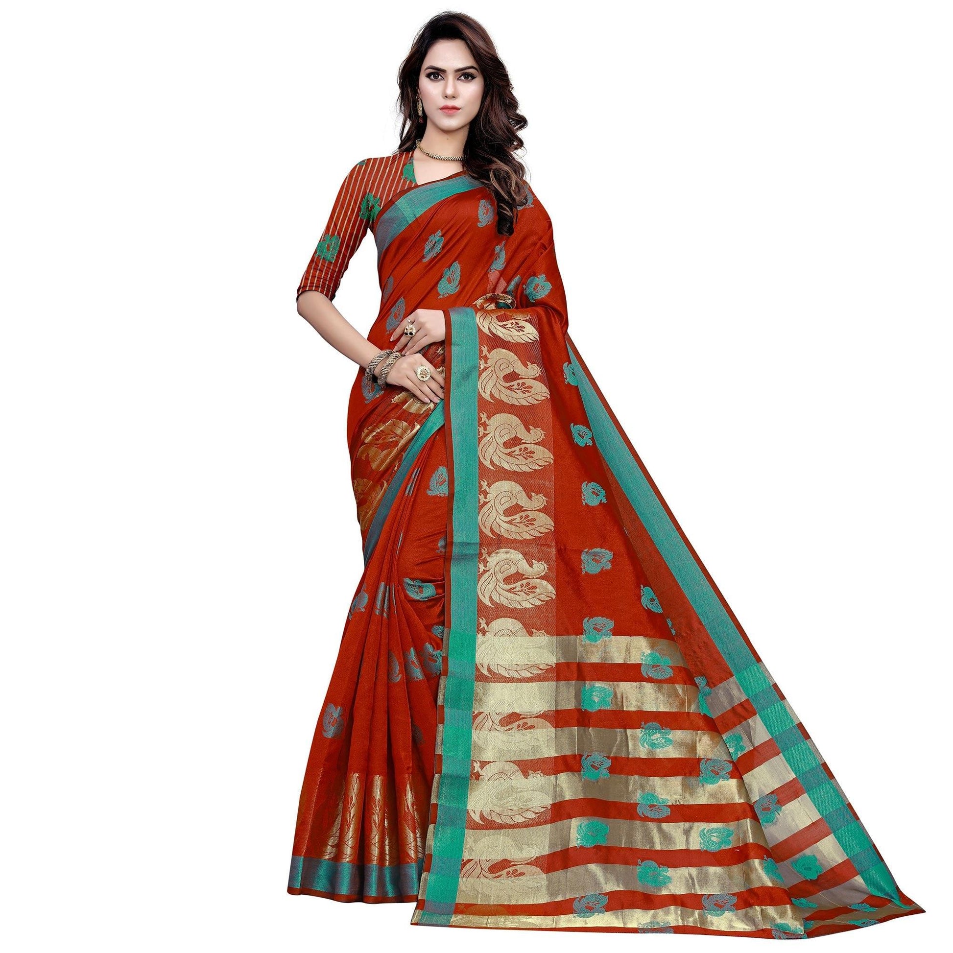 Engrossing Red Colored Festive Wear Woven Work Art Silk Saree