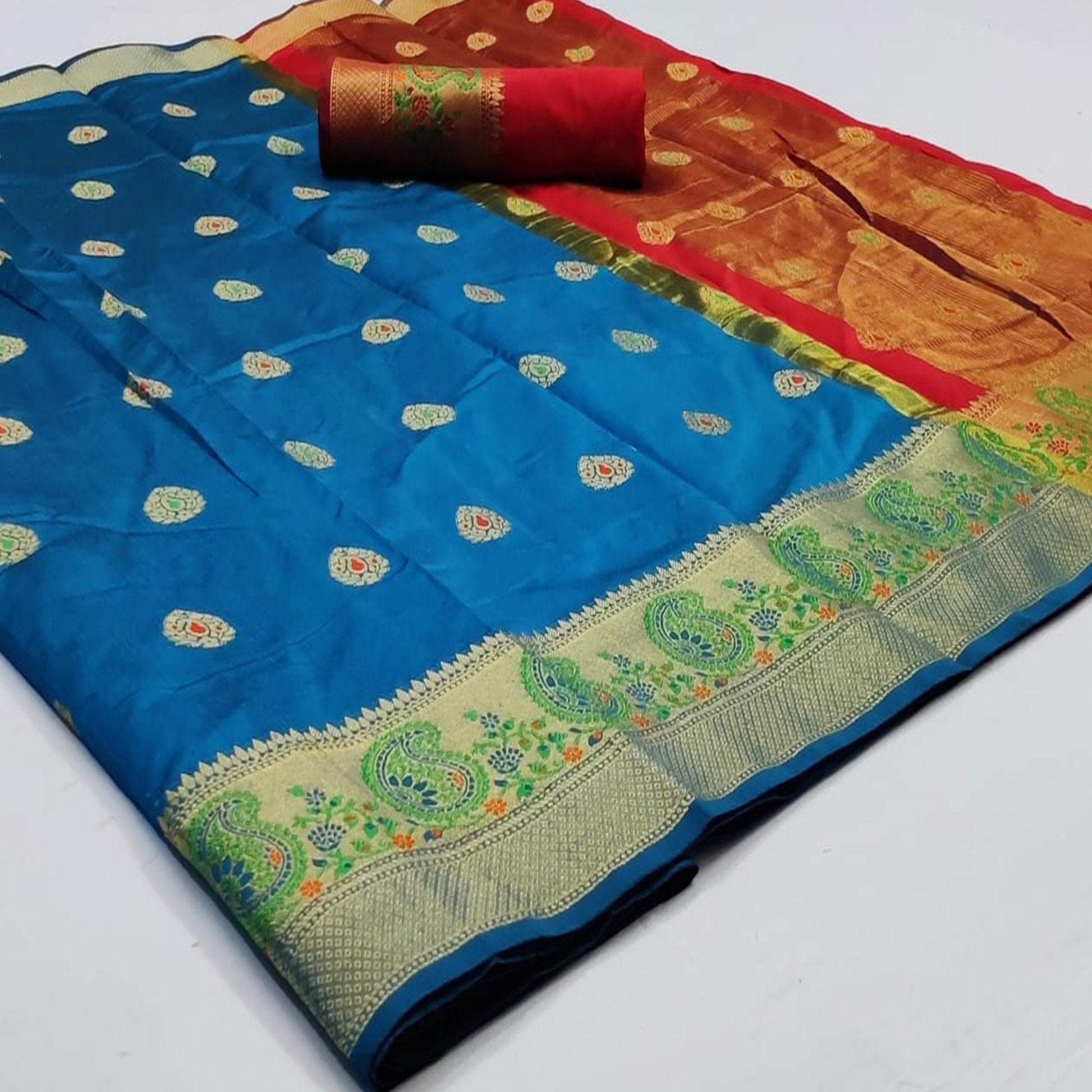Engrossing Royal Blue Colored Festive Wear Woven Soft Silk Saree