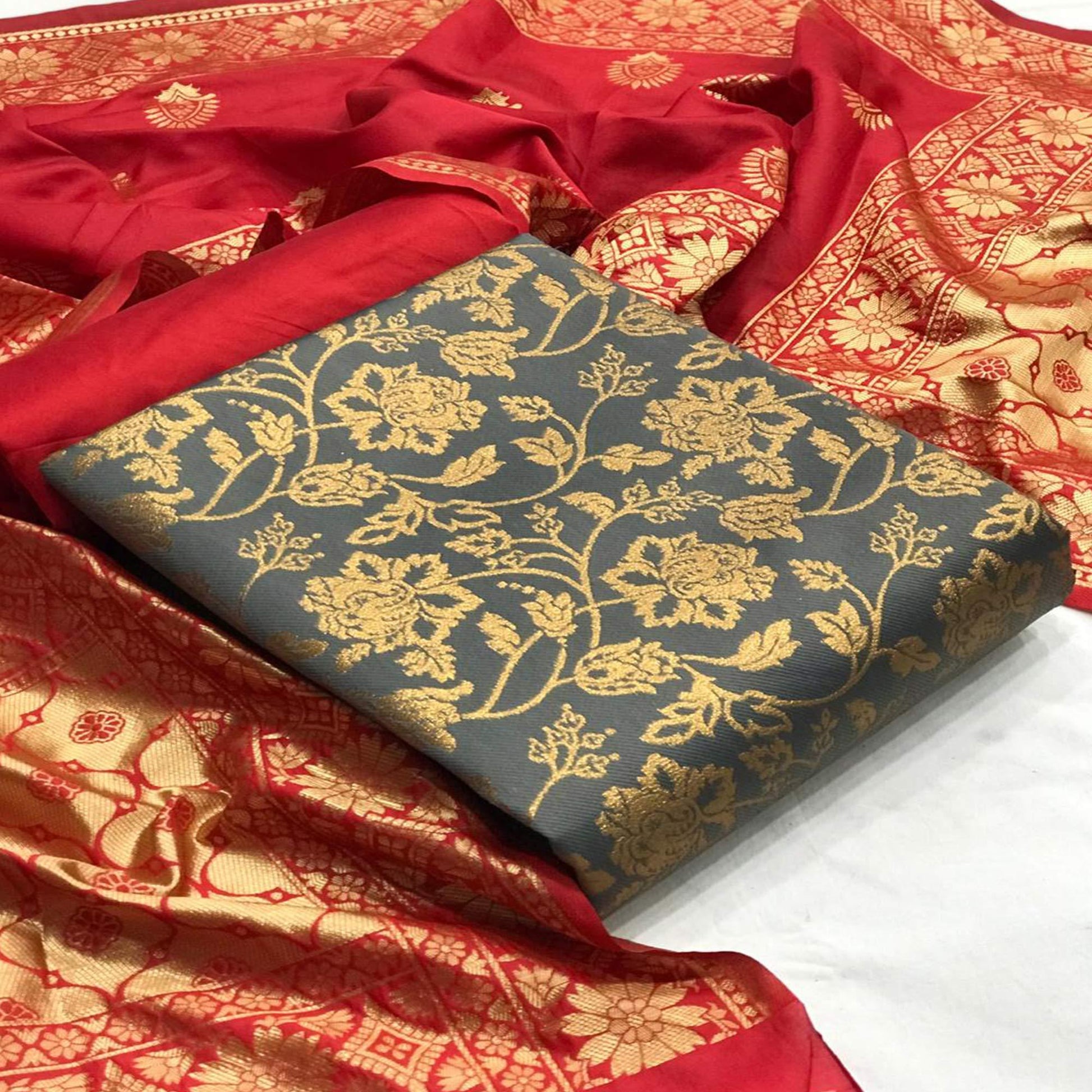 Engrossing Silver Colored Casual Woven Banarasi Silk Dress Material