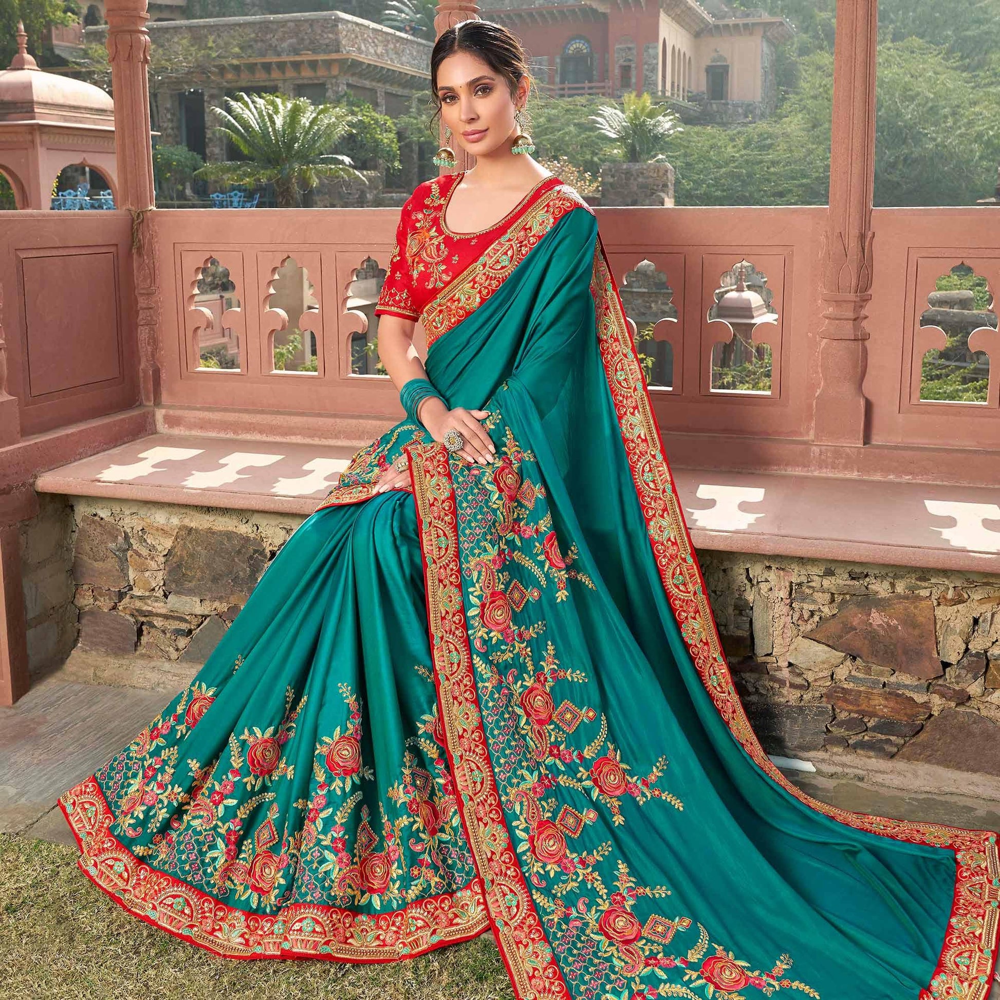 Engrossing Turquoise Blue Colored Partywear Embroidered Satin - Gerogette Saree