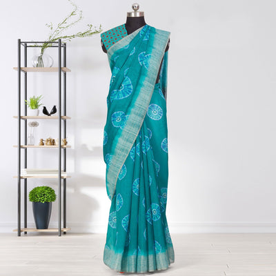 Engrossing Turquoise Coloured Casual Wear Printed Linen Saree
