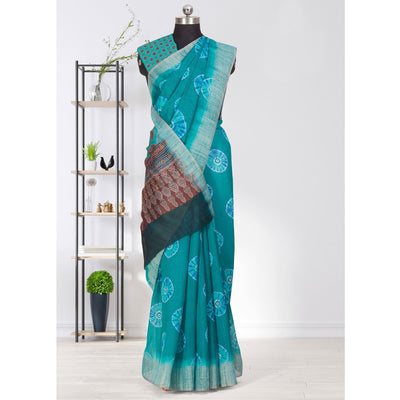 Engrossing Turquoise Coloured Casual Wear Printed Linen Saree