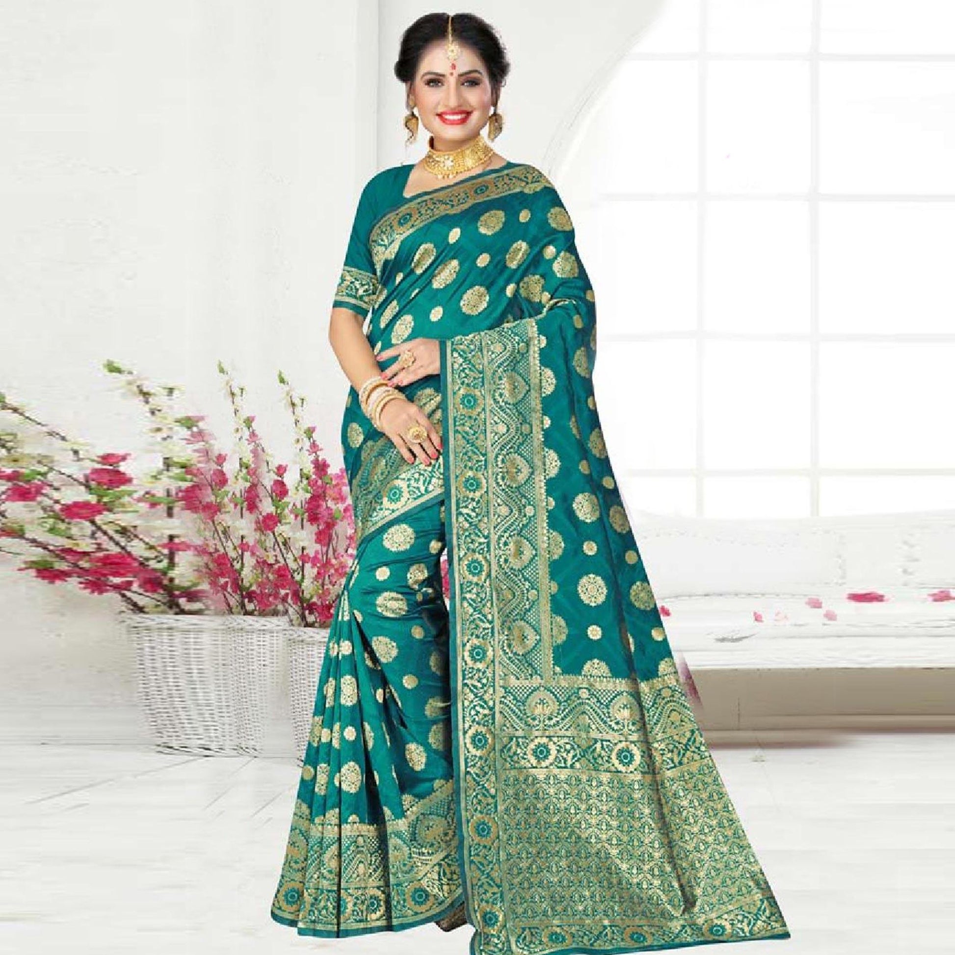 Engrossing Turquoise Green Colored Festive Wear Woven Art Silk Saree
