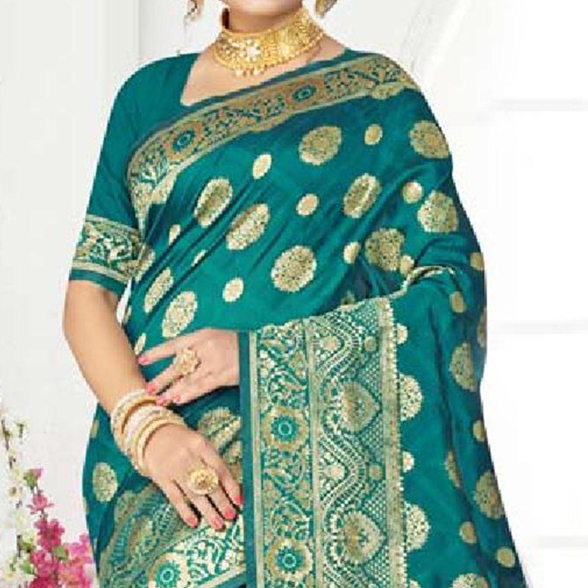 Engrossing Turquoise Green Colored Festive Wear Woven Art Silk Saree