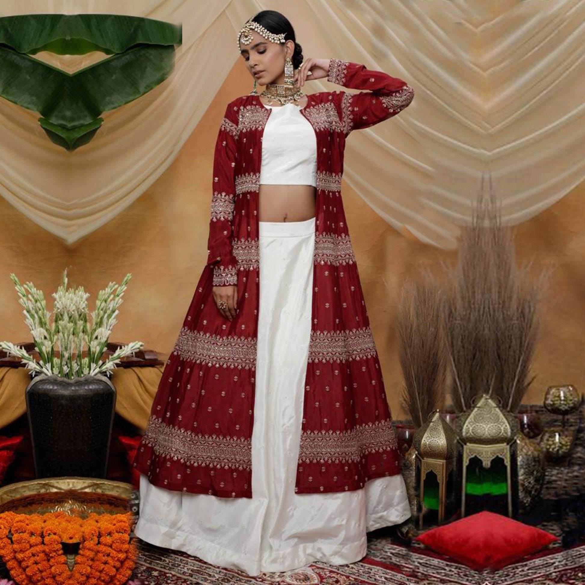 Engrossing White-Maroon Colored Party Wear Embroidered Chinon Art Silk Lehenga Choli