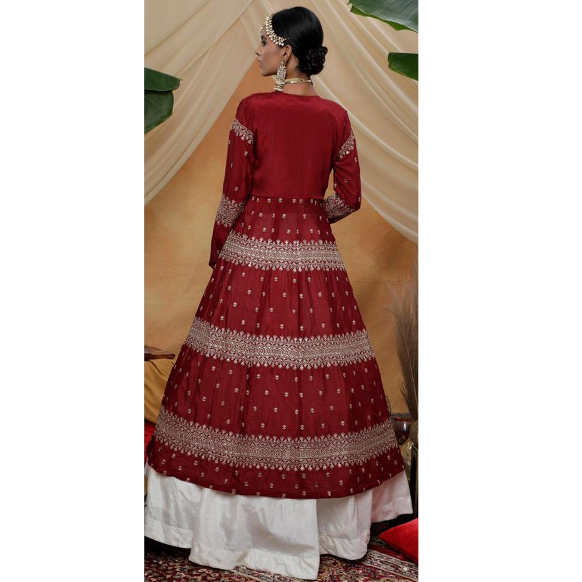 Engrossing White-Maroon Colored Party Wear Embroidered Chinon Art Silk Lehenga Choli