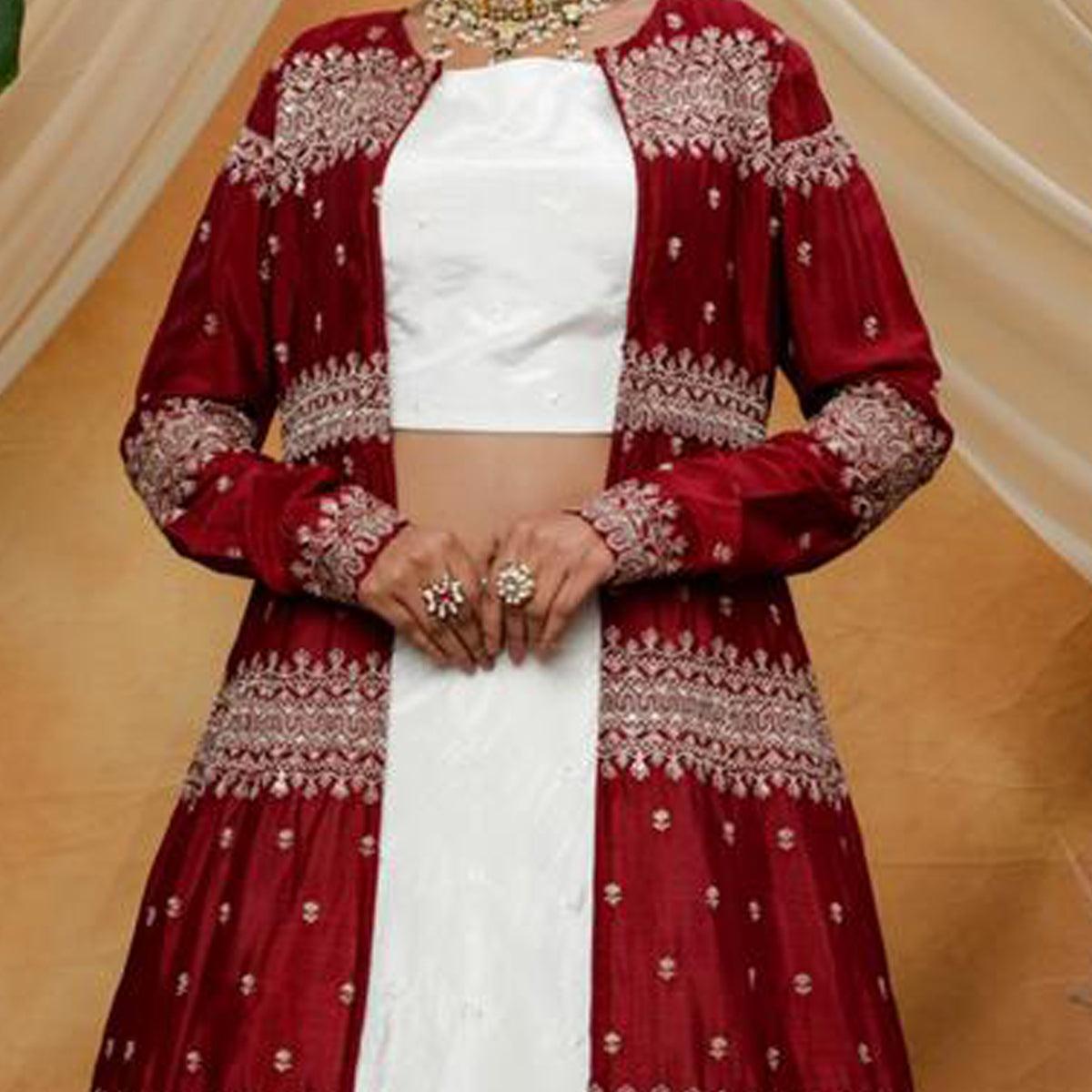 Engrossing White-Maroon Colored Party Wear Embroidered Chinon Art Silk Lehenga Choli