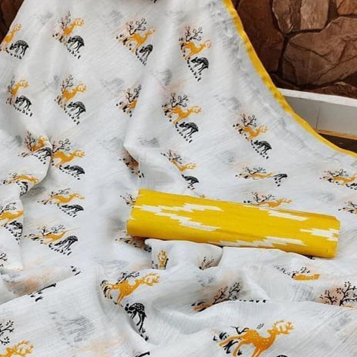 Engrossing White - Yellow Colored Casual Wear Digital Printed Linen Saree