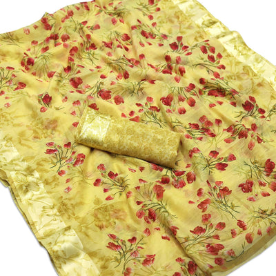 Engrossing Yellow Colored Casual Wear Floral Printed Cotton Blend Saree
