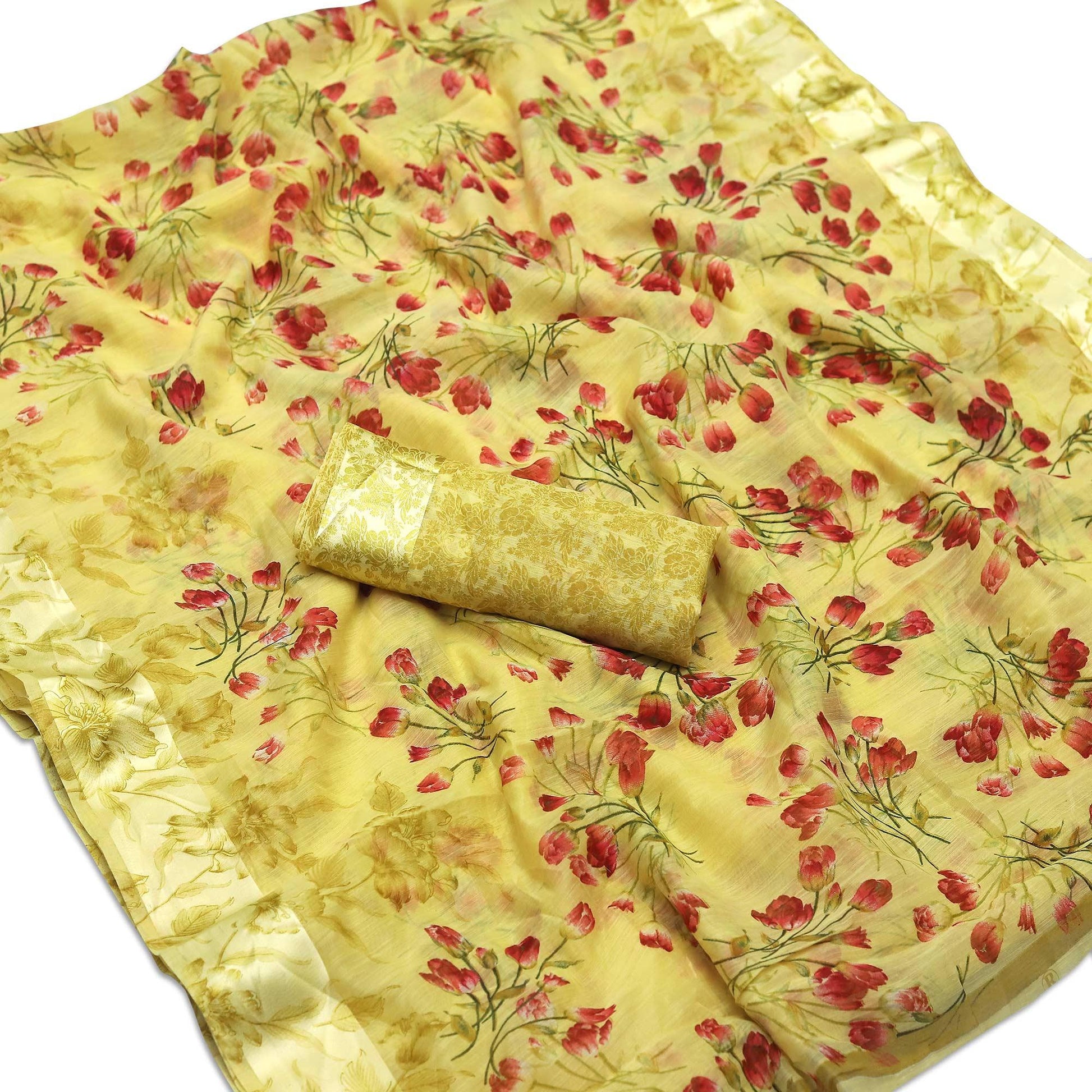 Engrossing Yellow Colored Casual Wear Floral Printed Cotton Blend Saree