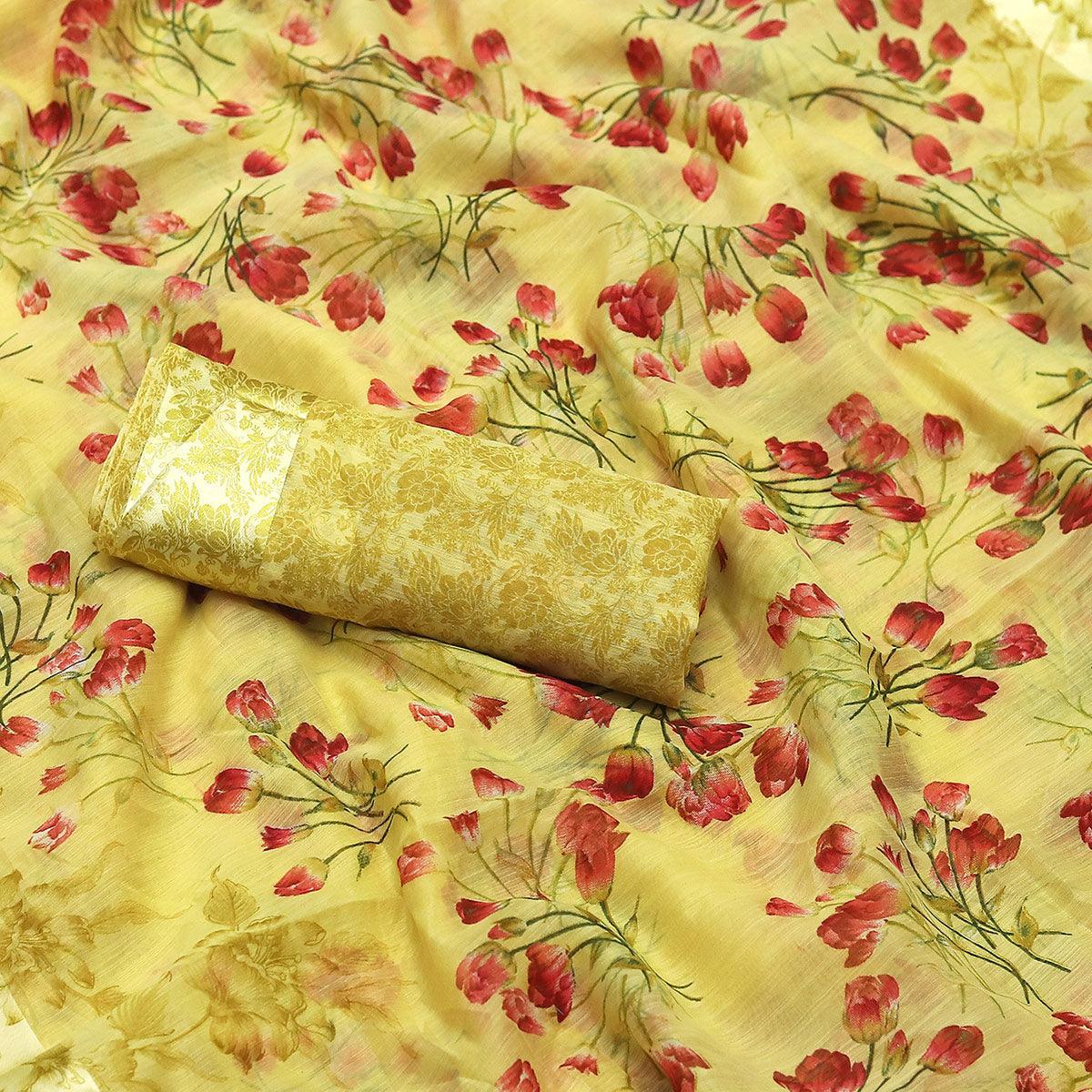 Engrossing Yellow Colored Casual Wear Floral Printed Cotton Blend Saree