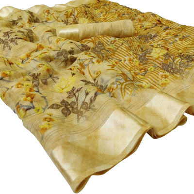Engrossing Yellow Colored Casual Wear Floral Printed Linen Saree