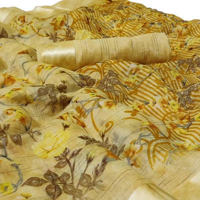 Engrossing Yellow Colored Casual Wear Floral Printed Linen Saree