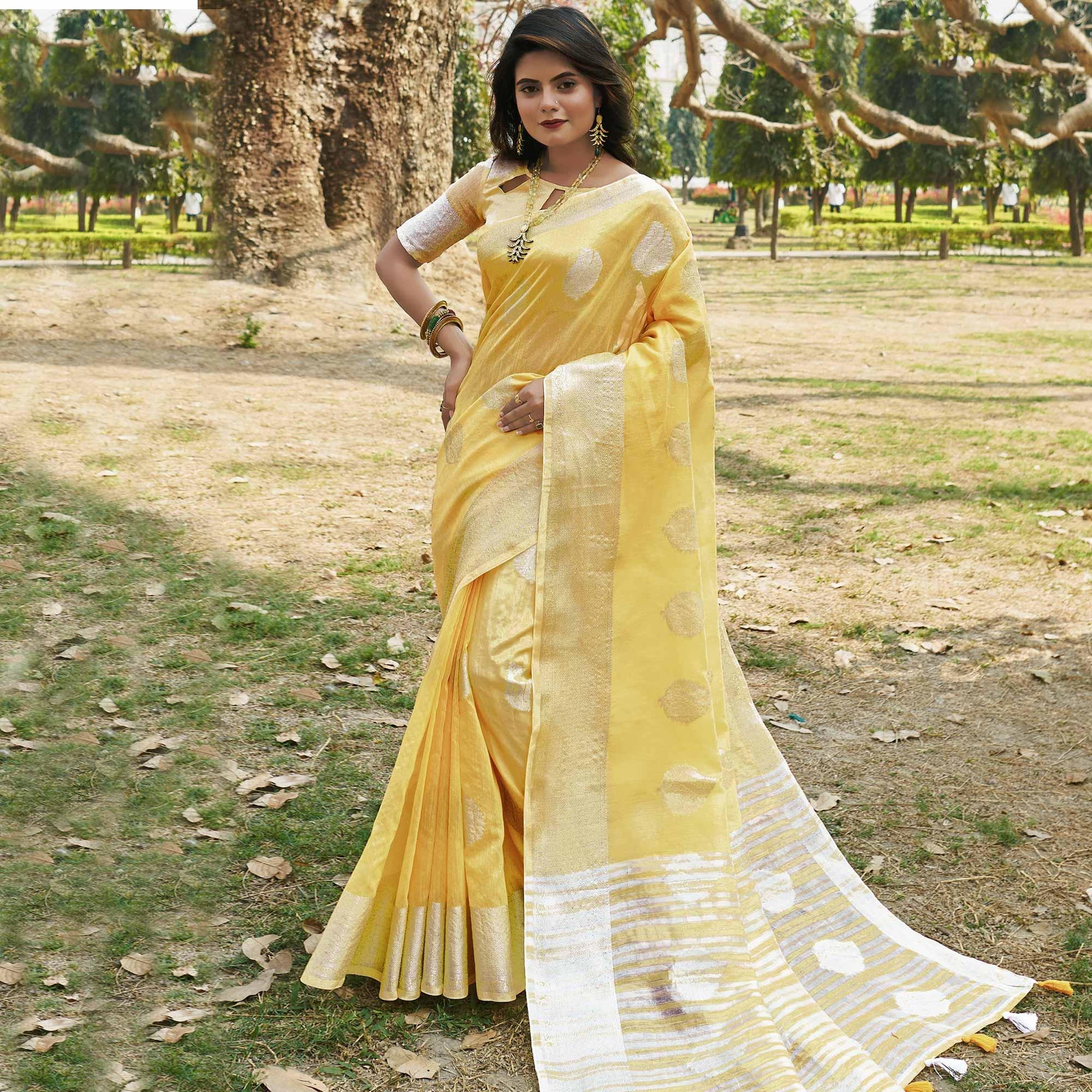 Engrossing Yellow Colored Festive Wear Woven Linen Cotton Saree