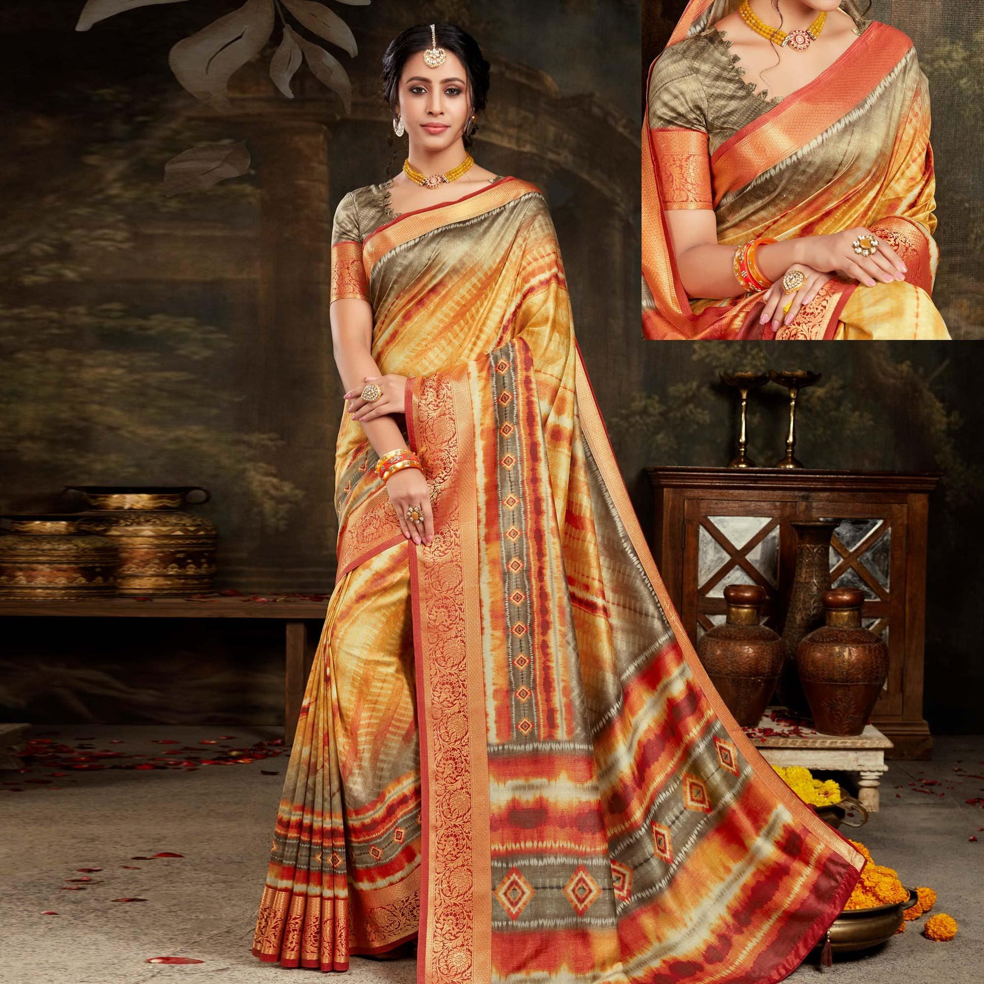 Engrossing Yellow - Multi Colored Festive Wear Woven Silk Saree