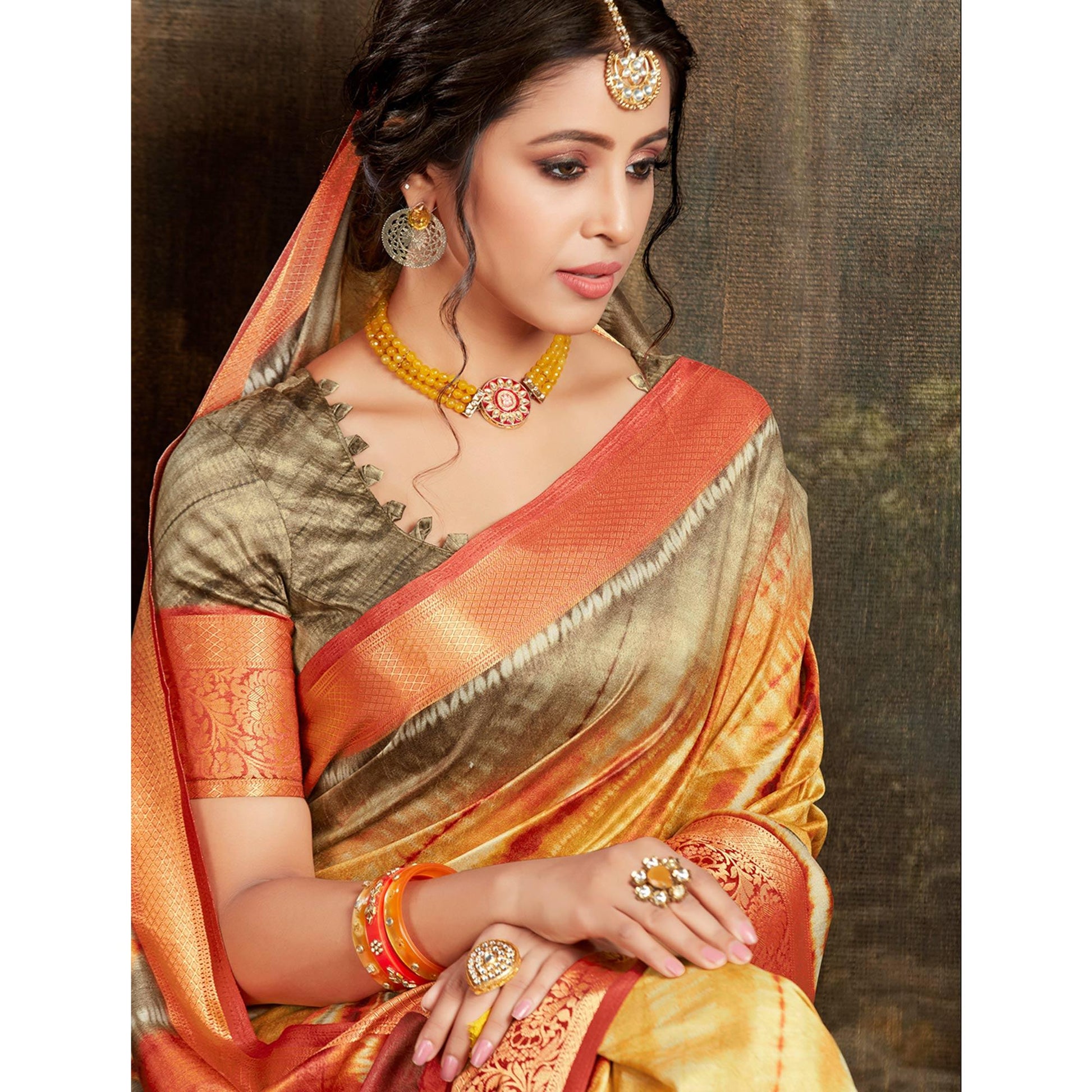 Engrossing Yellow - Multi Colored Festive Wear Woven Silk Saree