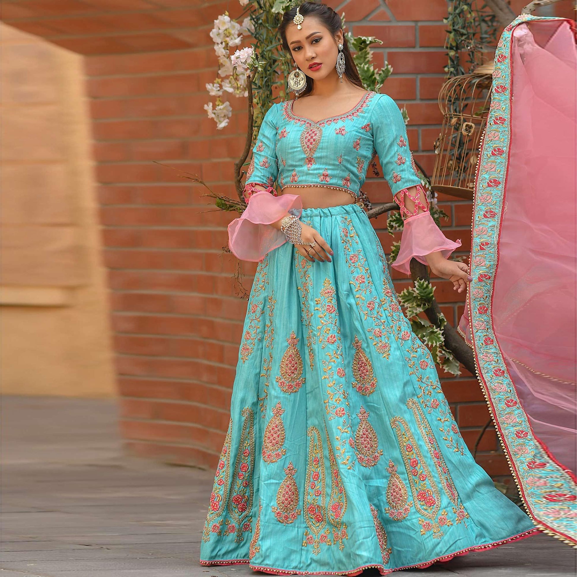 Entrancing Baby Blue Colored Partywear Embroidered Silk Lehenga Choli