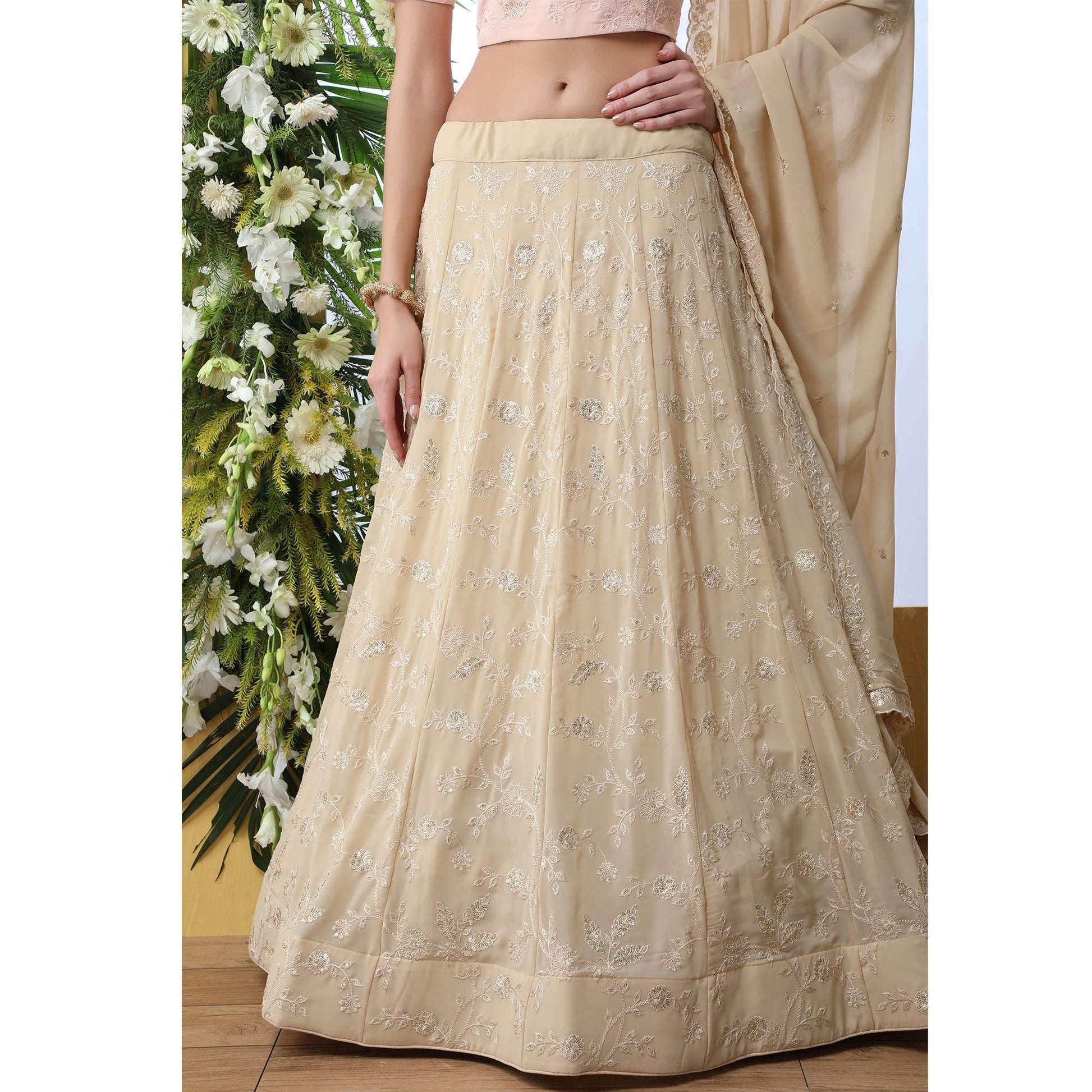 Entrancing Beige Colored Party Wear Embroidered Georgette Legenga Choli