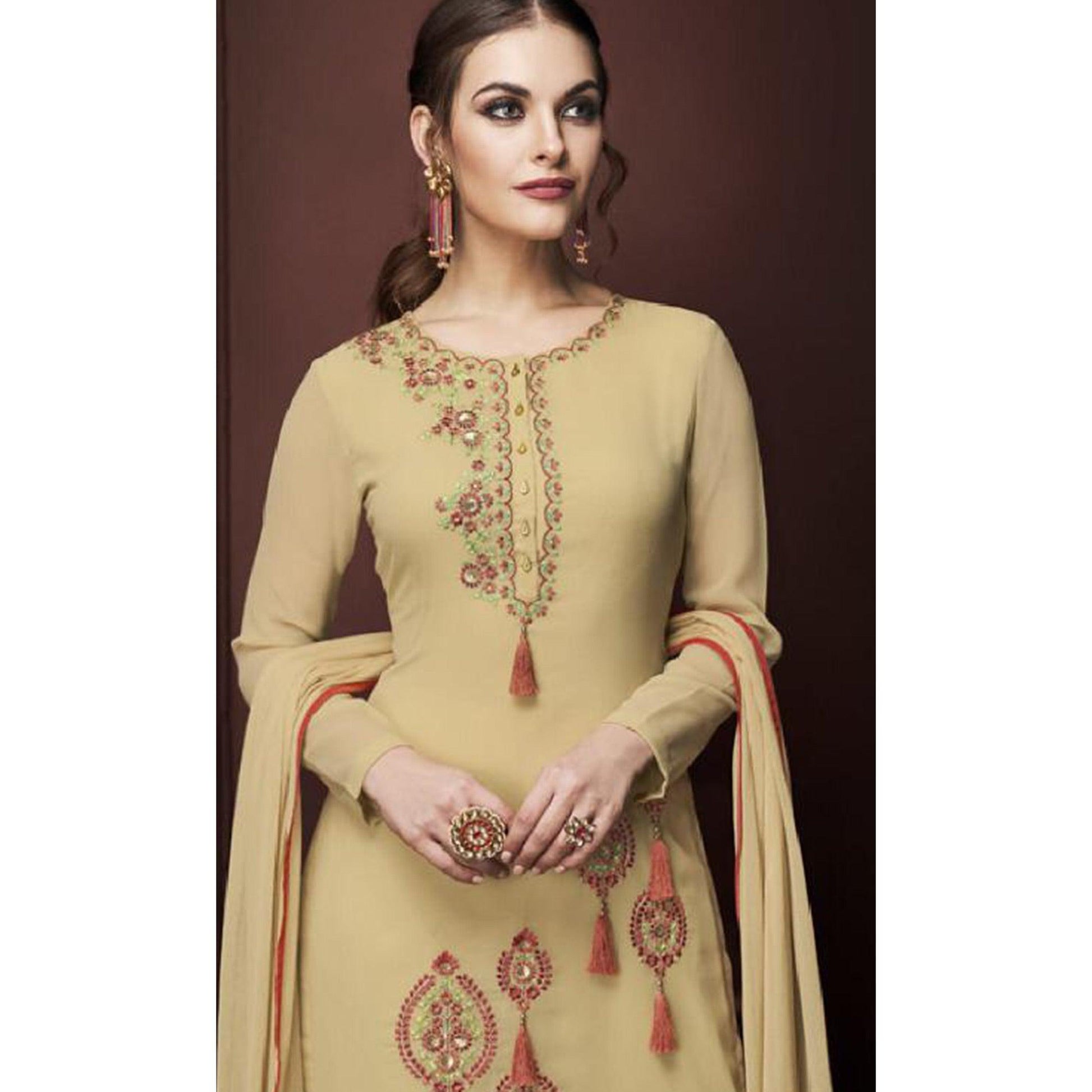 Entrancing Beige Colored Partywear Embroidered Georgette Suit