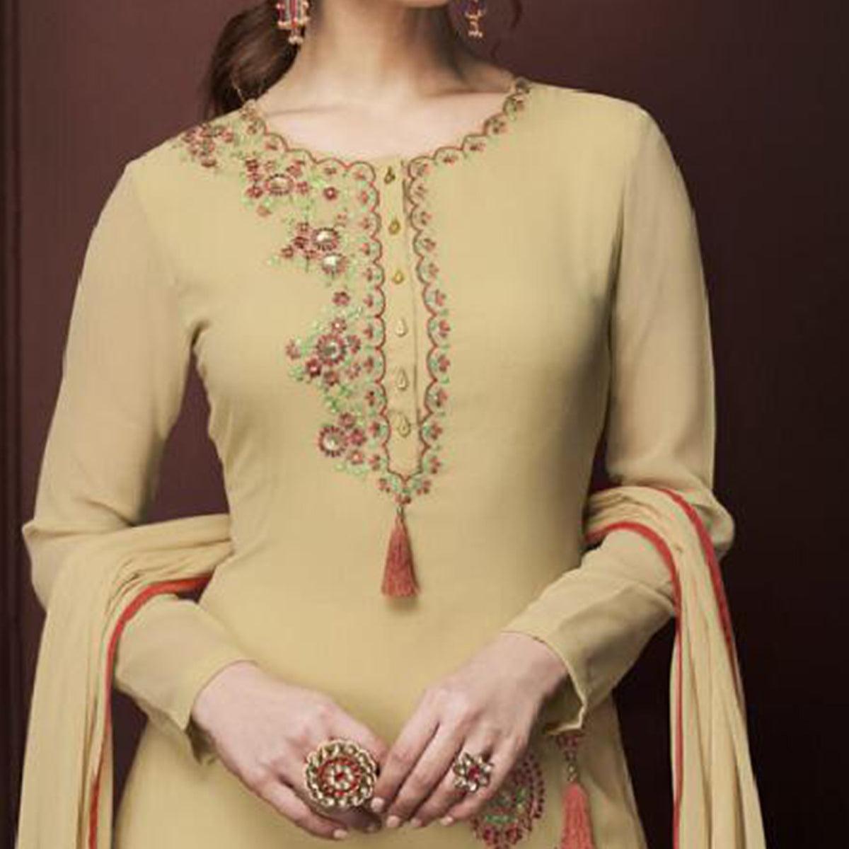 Entrancing Beige Colored Partywear Embroidered Georgette Suit