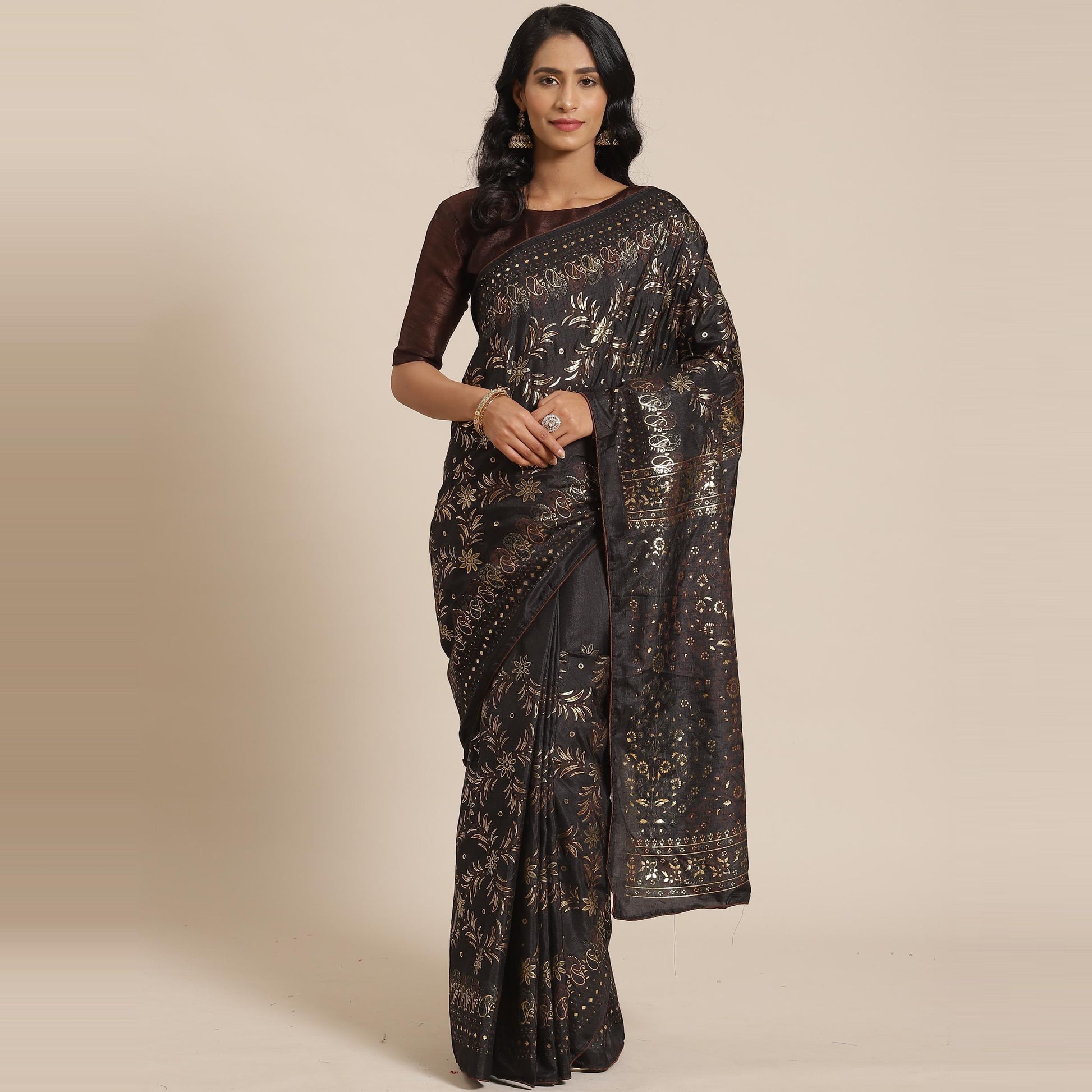 Entrancing Black Colored Casual Wear Printed Silk Blend Saree