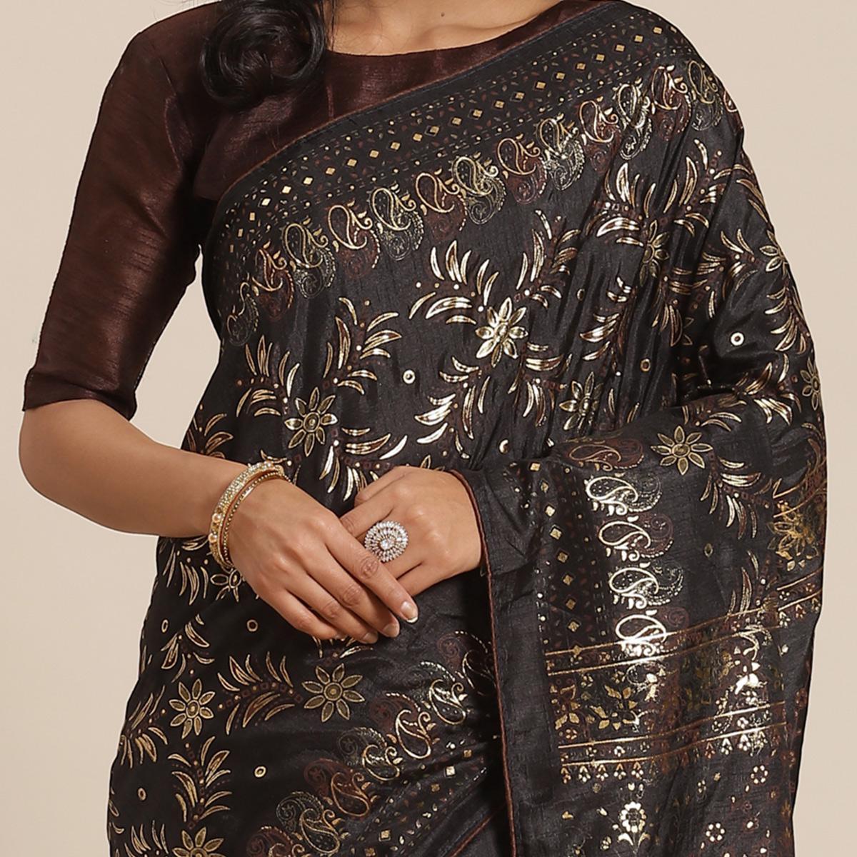 Entrancing Black Colored Casual Wear Printed Silk Blend Saree