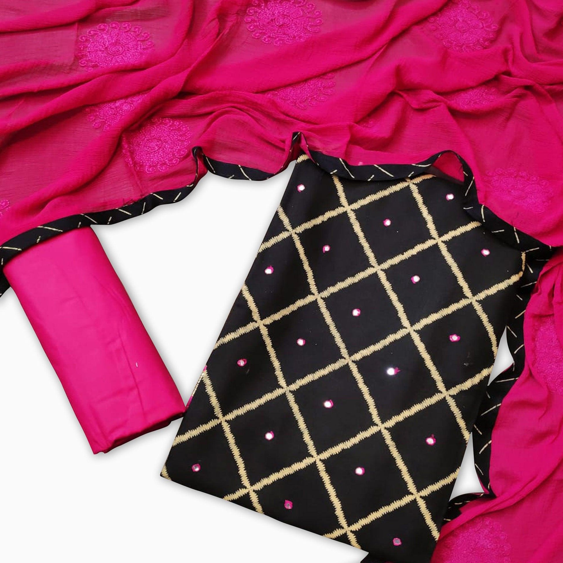 Entrancing Black-Pink Colored Casual Wear Printed Cotton Dress Material