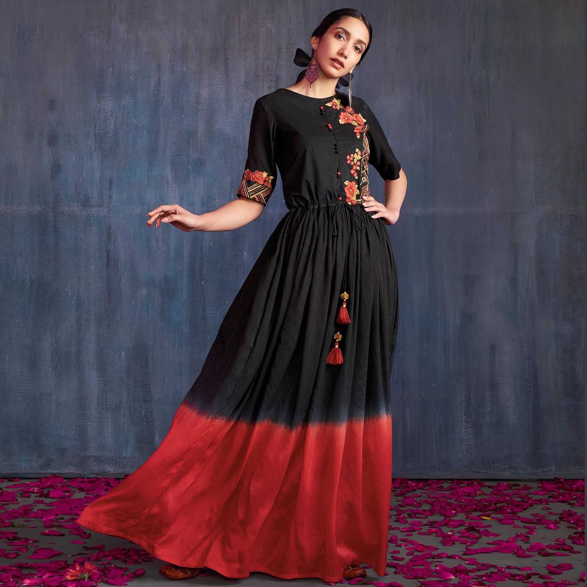 Entrancing Black-Red Colored Partywear Embroidered Viscose Gown