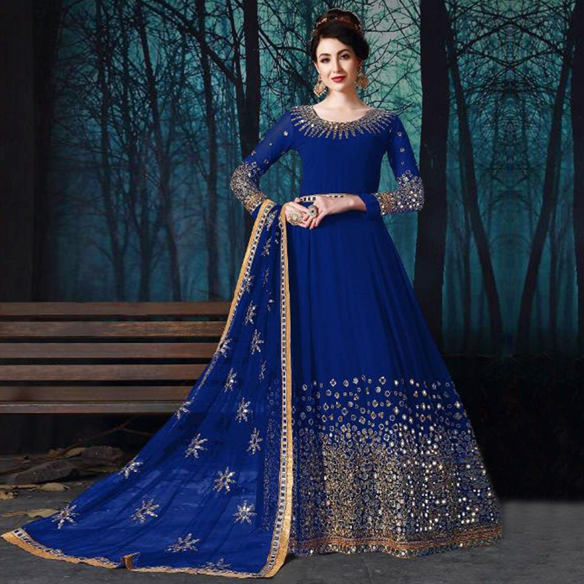Entrancing Blue Colored Partywear Embroidered Georgette Anarkali Suit